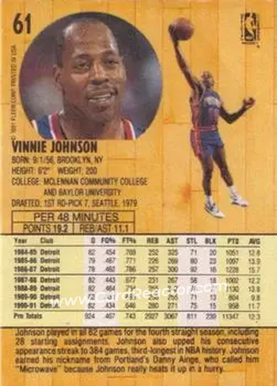 1991-92 Fleer #61 - Vinnie Johnson - Detroit Pistons - Back