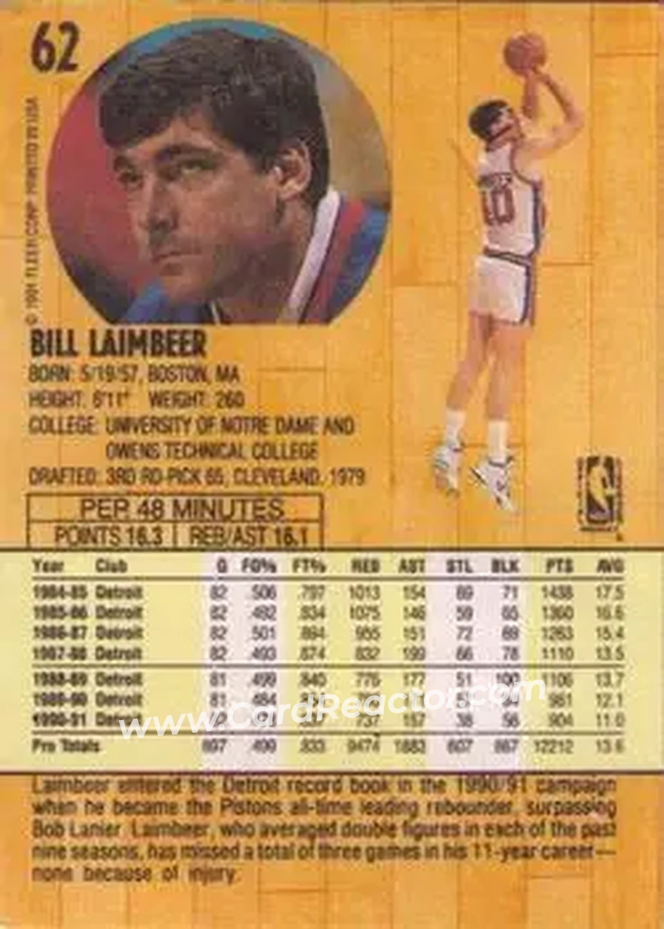 1991-92 Fleer #62 - Bill Laimbeer - Detroit Pistons - Back