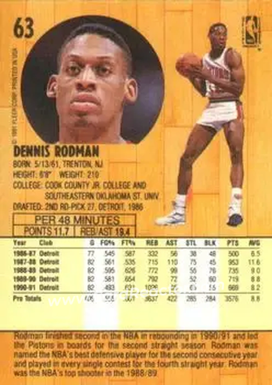 1991-92 Fleer #63 - Dennis Rodman - Detroit Pistons - Back
