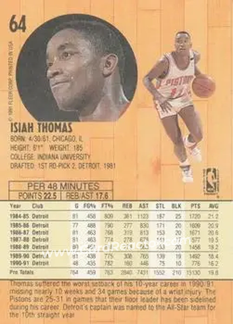 1991-92 Fleer #64 - Isiah Thomas - Detroit Pistons - Back