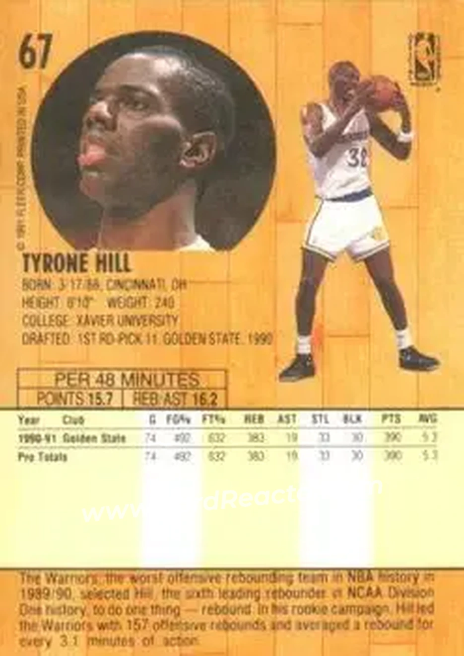 1991-92 Fleer #67 - Tyrone Hill - Golden State Warriors - Back