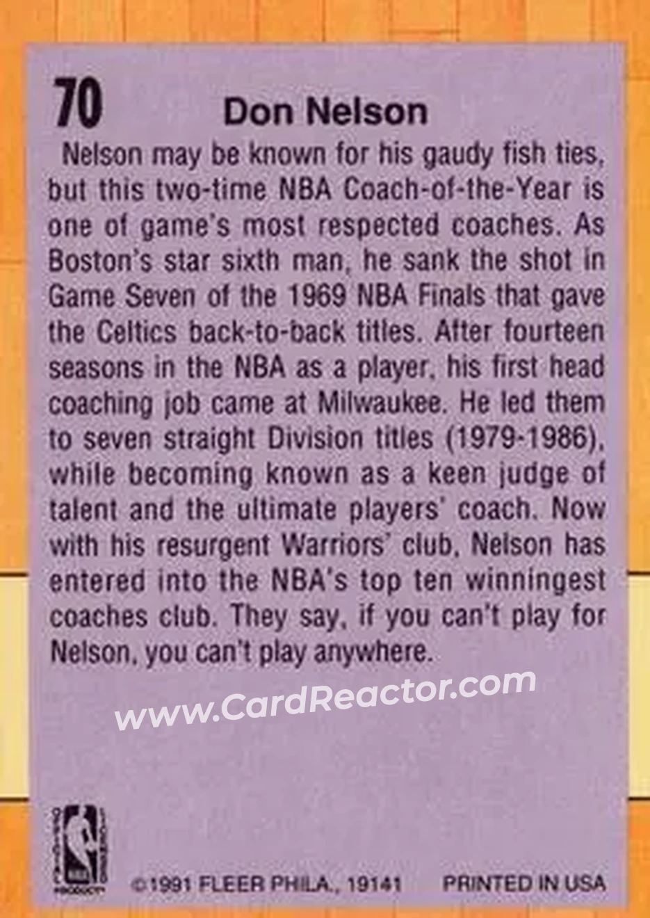 1991-92 Fleer #70 - Don Nelson - Golden State Warriors - Back