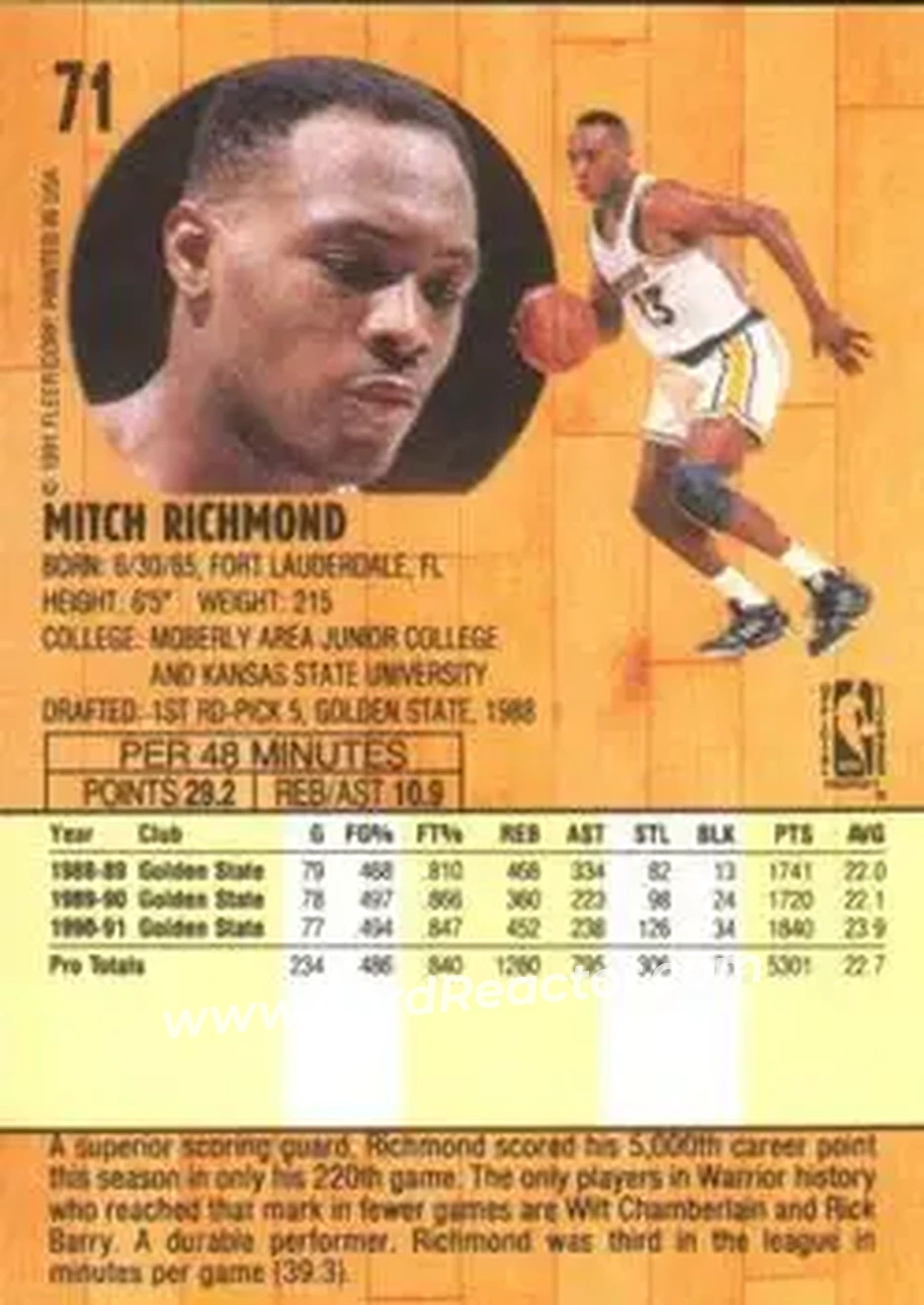 1991-92 Fleer #71 - Mitch Richmond - Golden State Warriors - Back