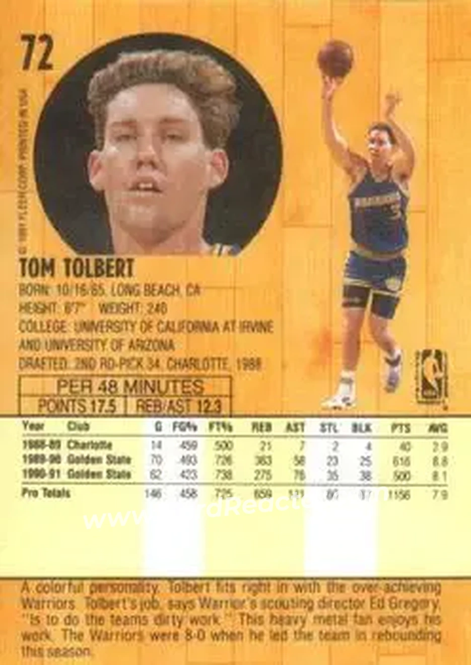 1991-92 Fleer #72 - Tom Tolbert - Golden State Warriors - Back