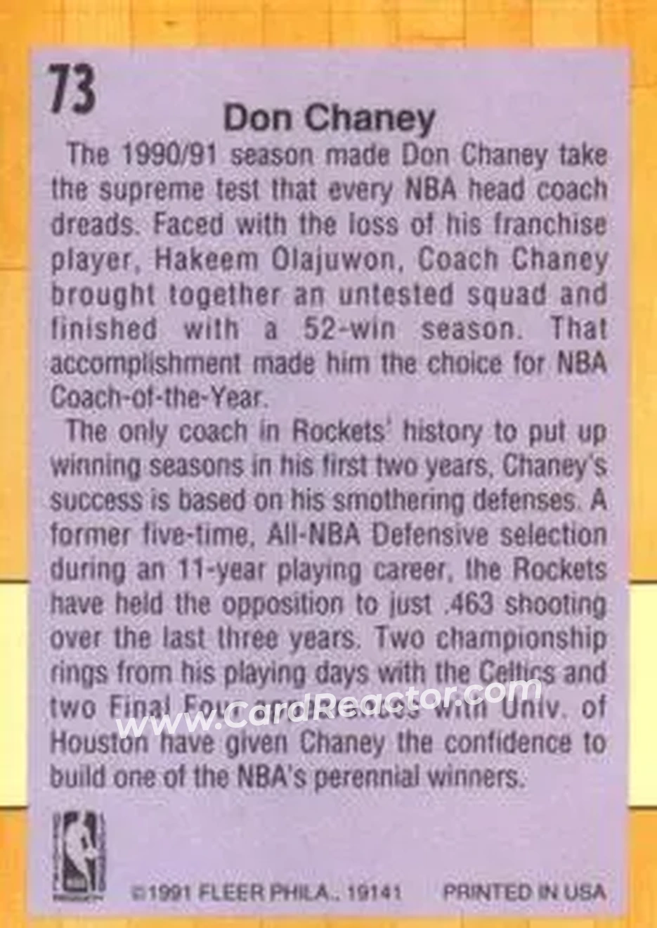 1991-92 Fleer #73 - Don Chaney - Houston Rockets - Back