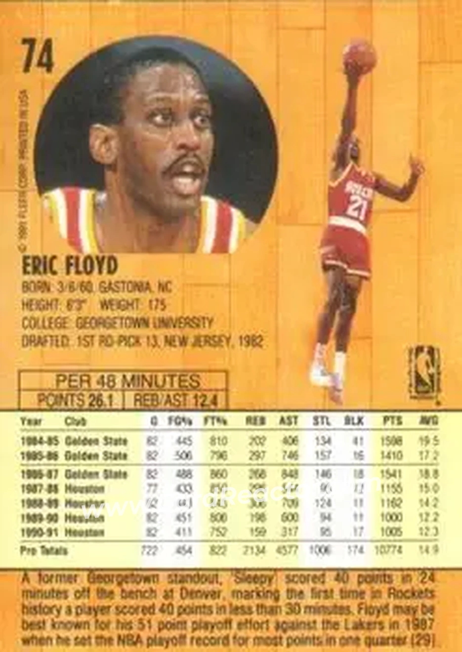1991-92 Fleer #74 - Sleepy Floyd - Houston Rockets - Back