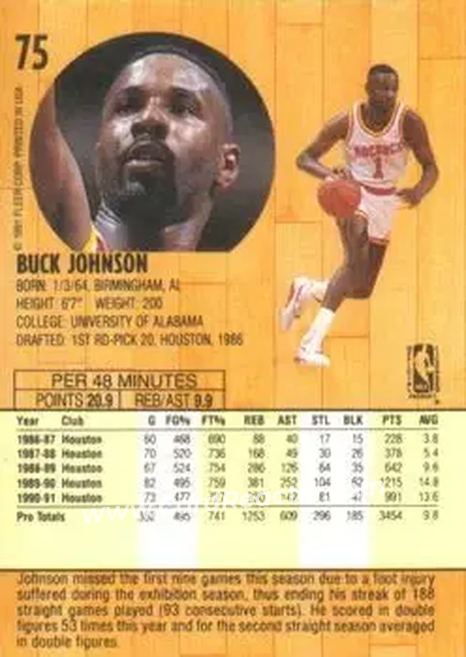 1991-92 Fleer #75 - Buck Johnson - Houston Rockets - Back