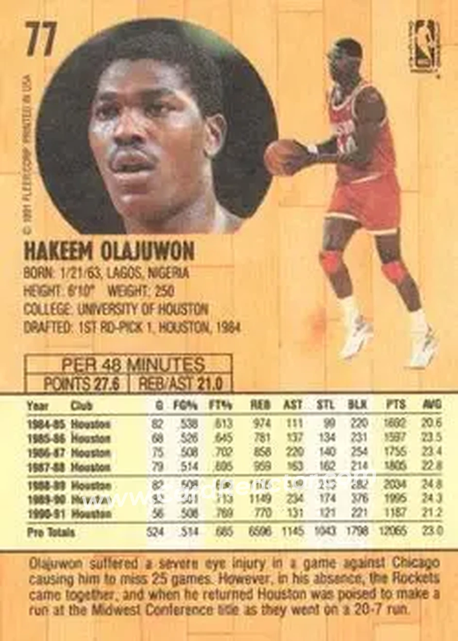 1991-92 Fleer #77 - Hakeem Olajuwon - Houston Rockets - Back