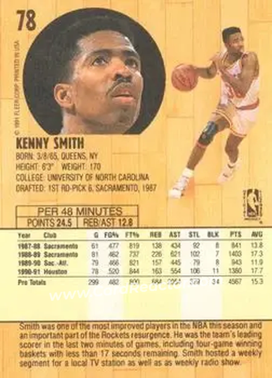1991-92 Fleer #78 - Kenny Smith - Houston Rockets - Back