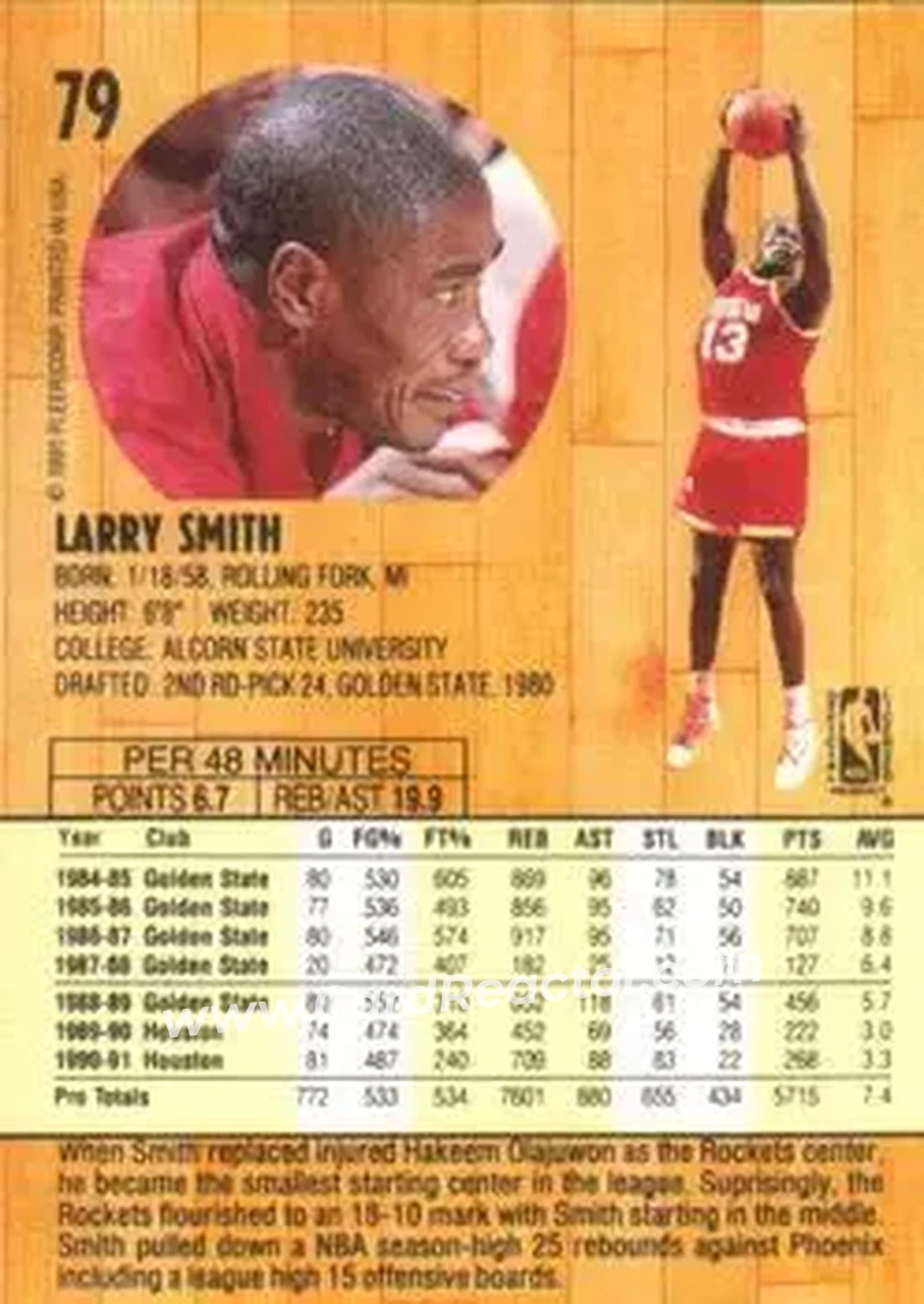 1991-92 Fleer #79 - Larry Smith - Houston Rockets - Back