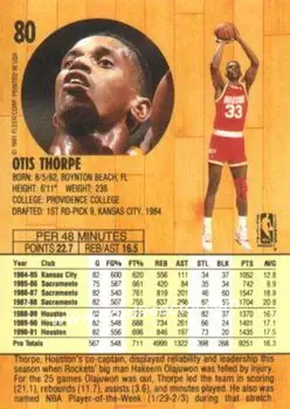 1991-92 Fleer #80 - Otis Thorpe - Houston Rockets - Back