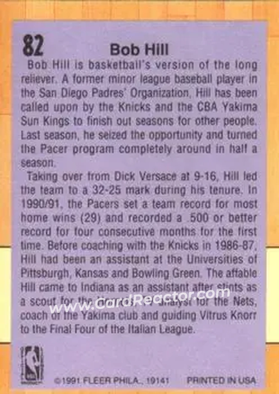 1991-92 Fleer #82 - Bob Hill - Indiana Pacers - Back