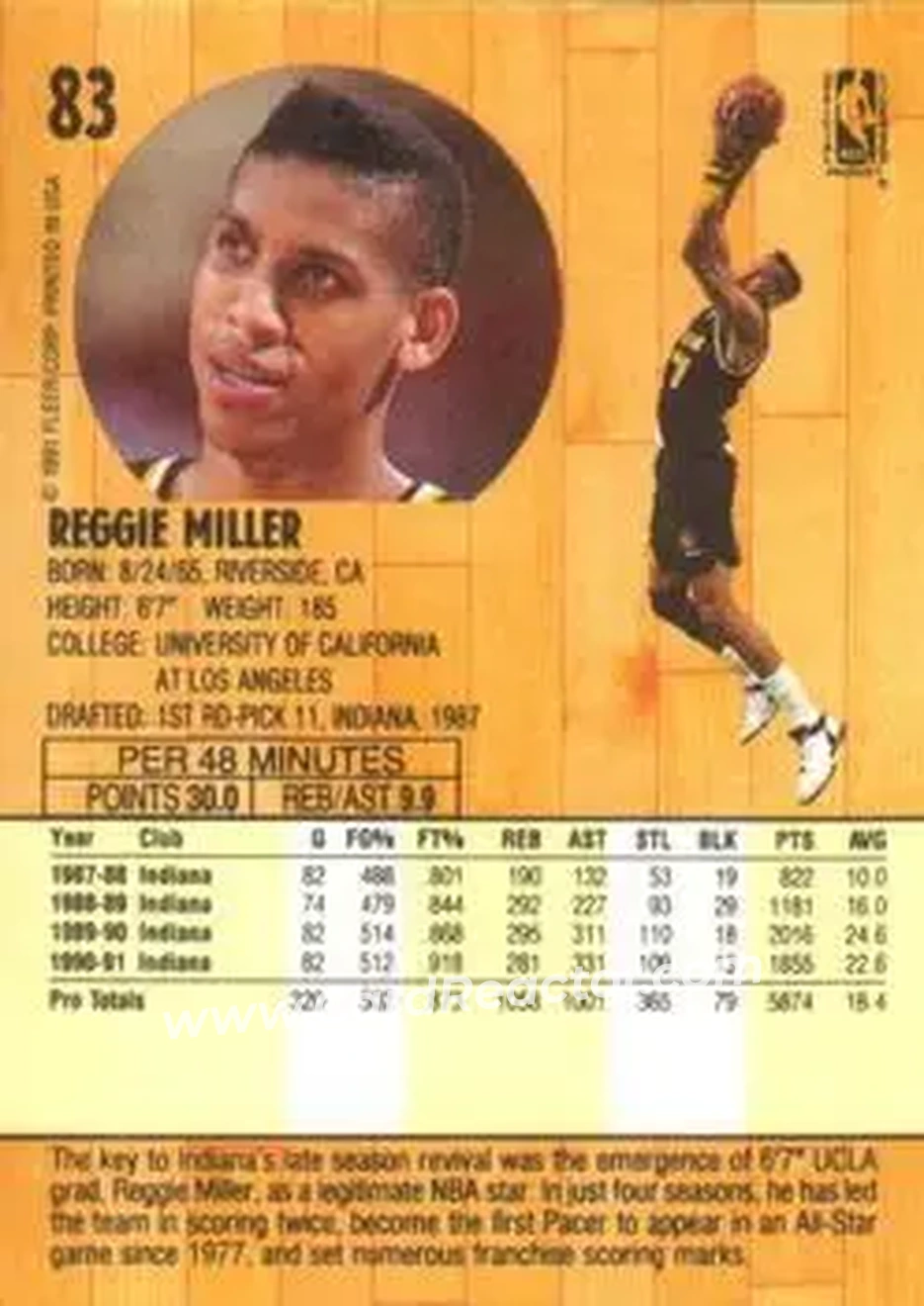 1991-92 Fleer #83 - Reggie Miller - Indiana Pacers - Back