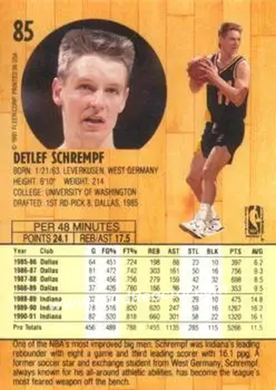 1991-92 Fleer #85 - Detlef Schrempf - Indiana Pacers - Back