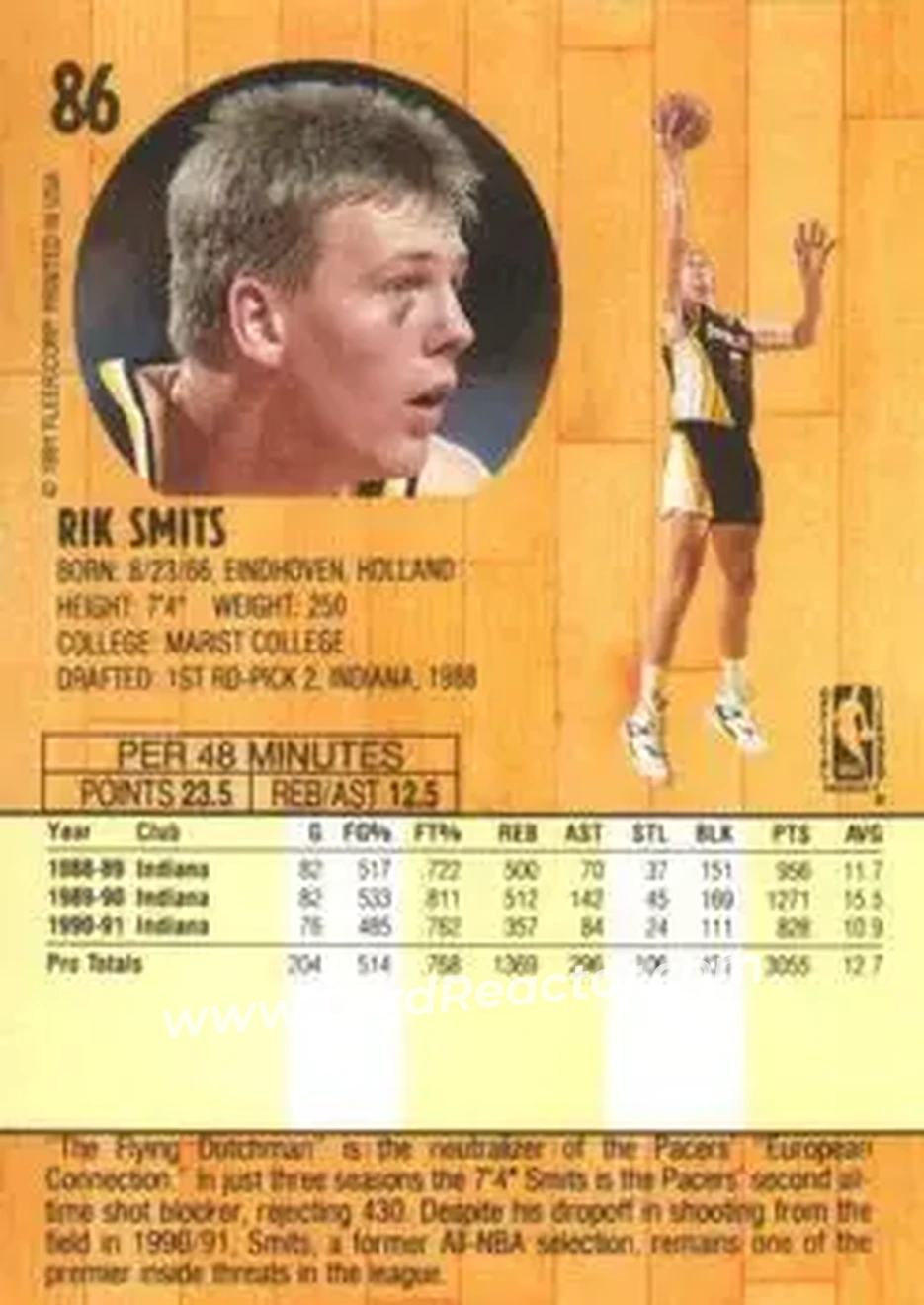 1991-92 Fleer #86 - Rik Smits - Indiana Pacers - Back