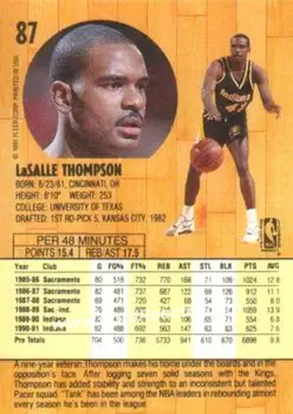 1991-92 Fleer #87 - LaSalle Thompson - Indiana Pacers - Back
