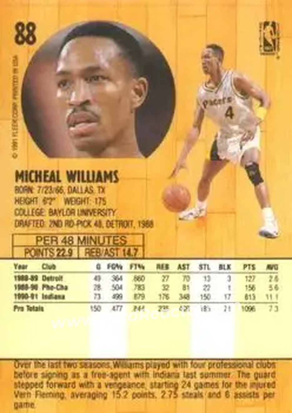 1991-92 Fleer #88 - Micheal Williams - Indiana Pacers - Back 1991-92 Fleer #88 - Micheal Williams - Indiana Pacers - Back
