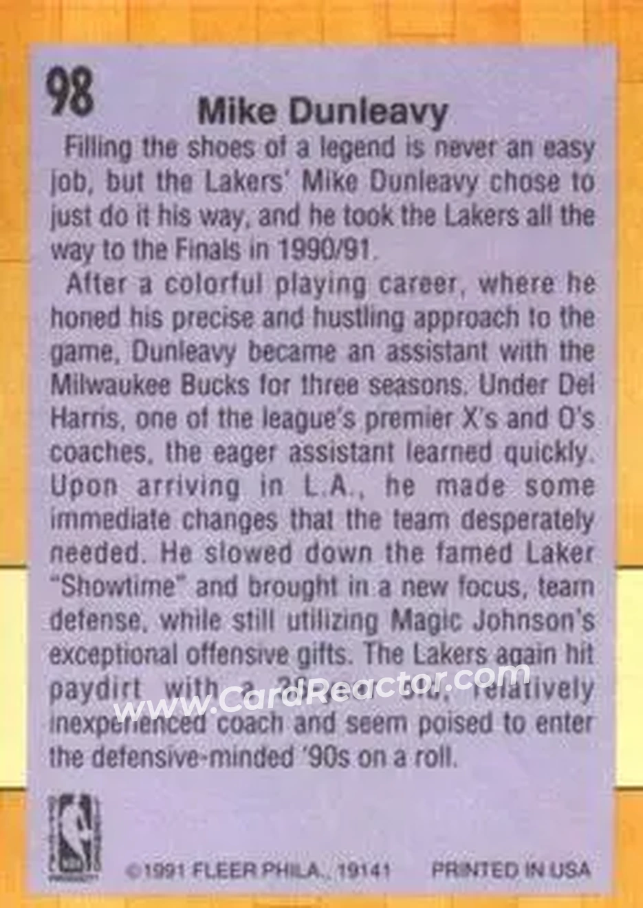 1991-92 Fleer #98 - Mike Dunleavy - Los Angeles Lakers - Back