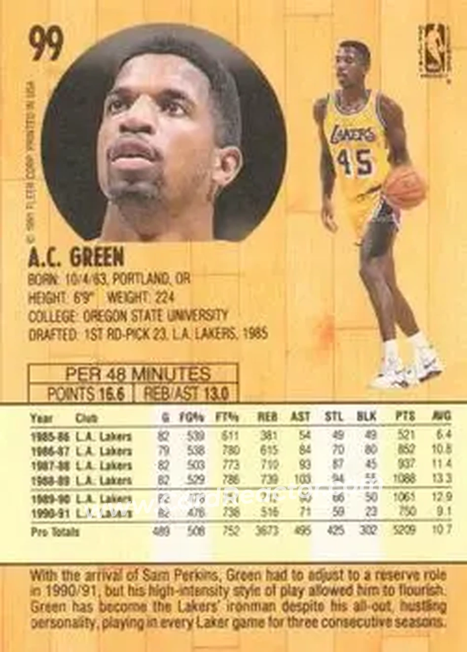 1991-92 Fleer #99 - A.C. Green - Los Angeles Lakers - Back