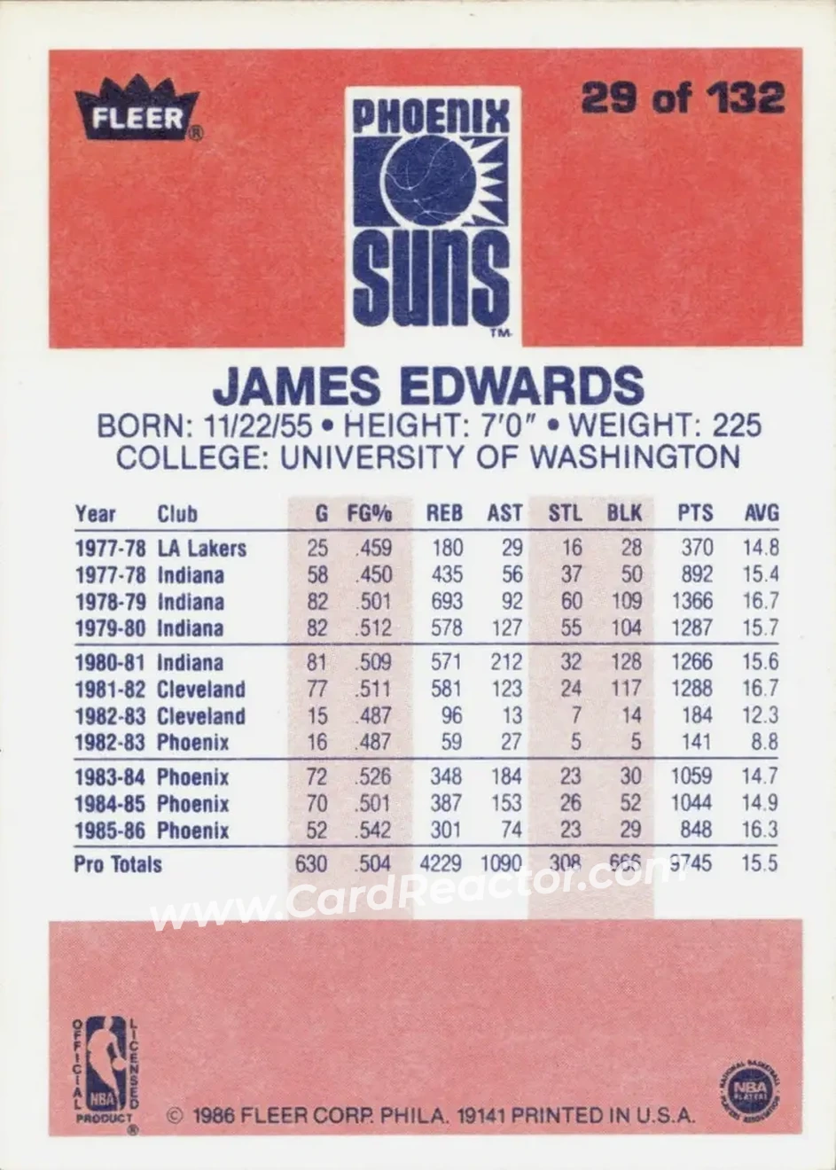 1986-87 Fleer #29 - James Edwards - Phoenix Suns - Back