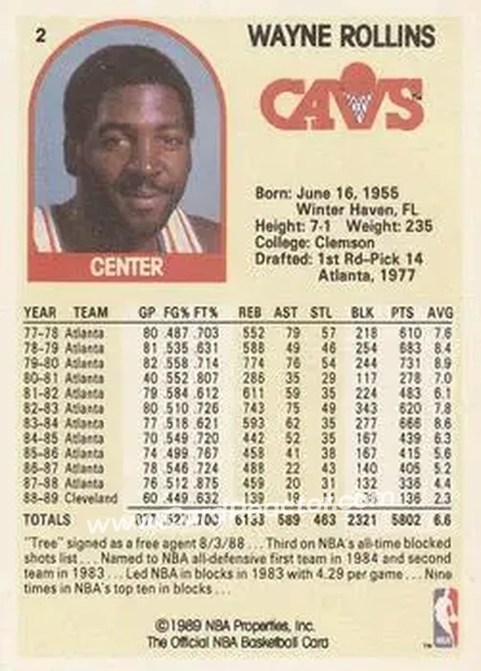 1989-90 Hoops #2 - Tree Rollins - Cleveland Cavaliers - Back