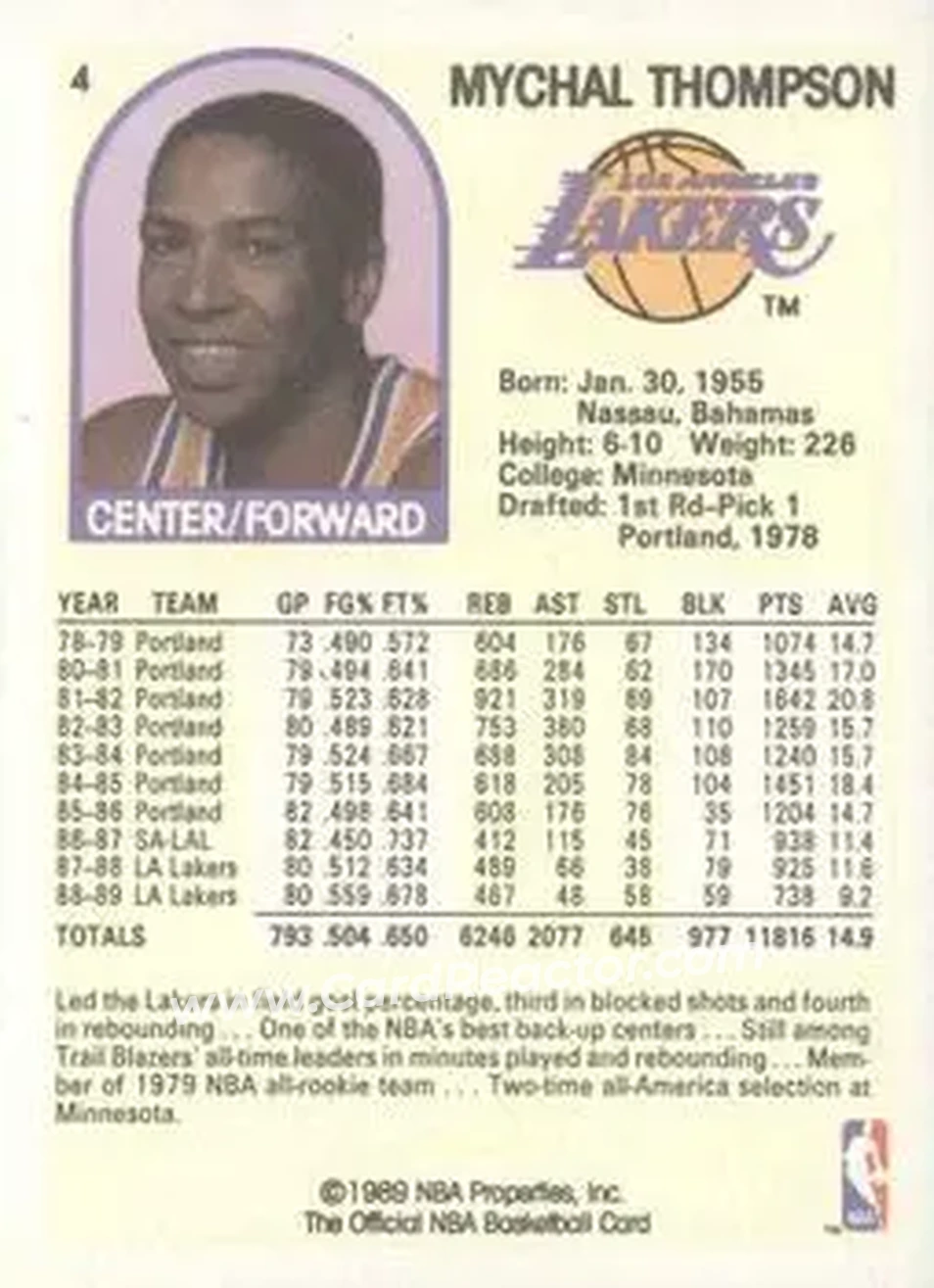 1989-90 Hoops #4 - Mychal Thompson - Los Angeles Lakers - Back