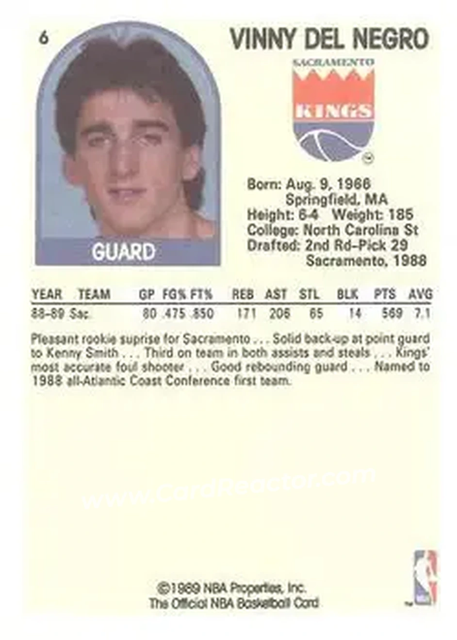 1989-90 Hoops #6 - Vinny Del Negro - Sacramento Kings - Back