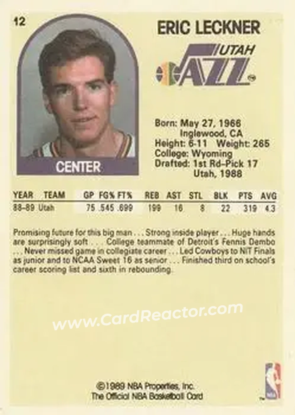 1989-90 Hoops #12 - Eric Leckner - Utah Jazz - Back
