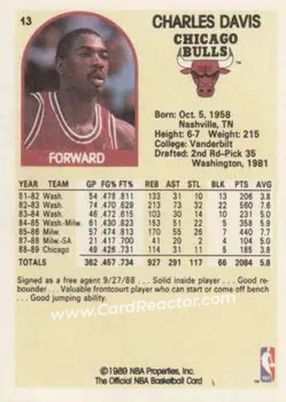 1989-90 Hoops #13 - Charles Davis - Chicago Bulls - Back