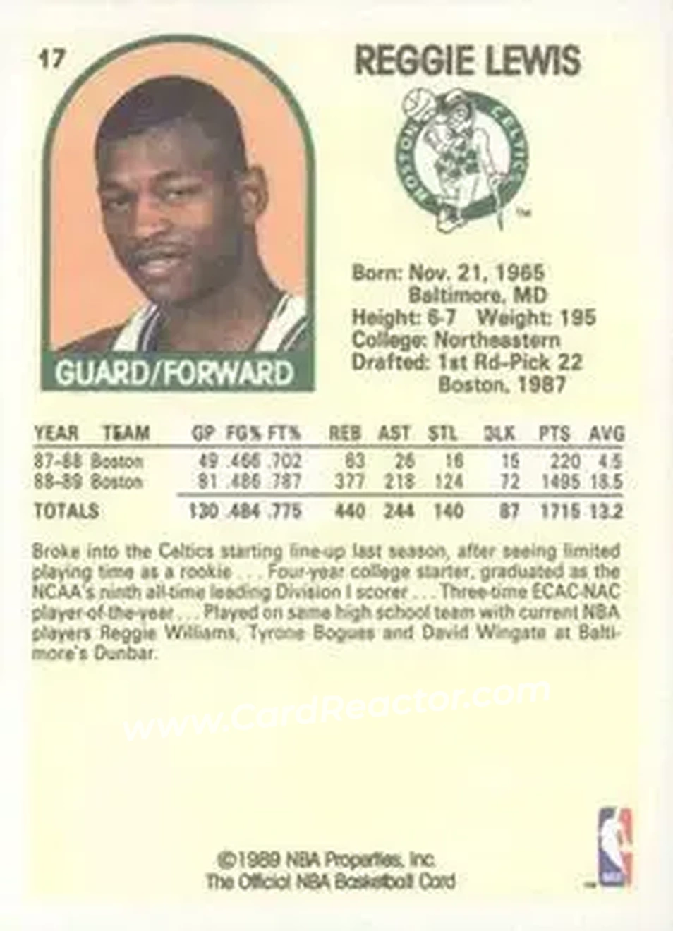 1989-90 Hoops #17 - Reggie Lewis - Boston Celtics - Back