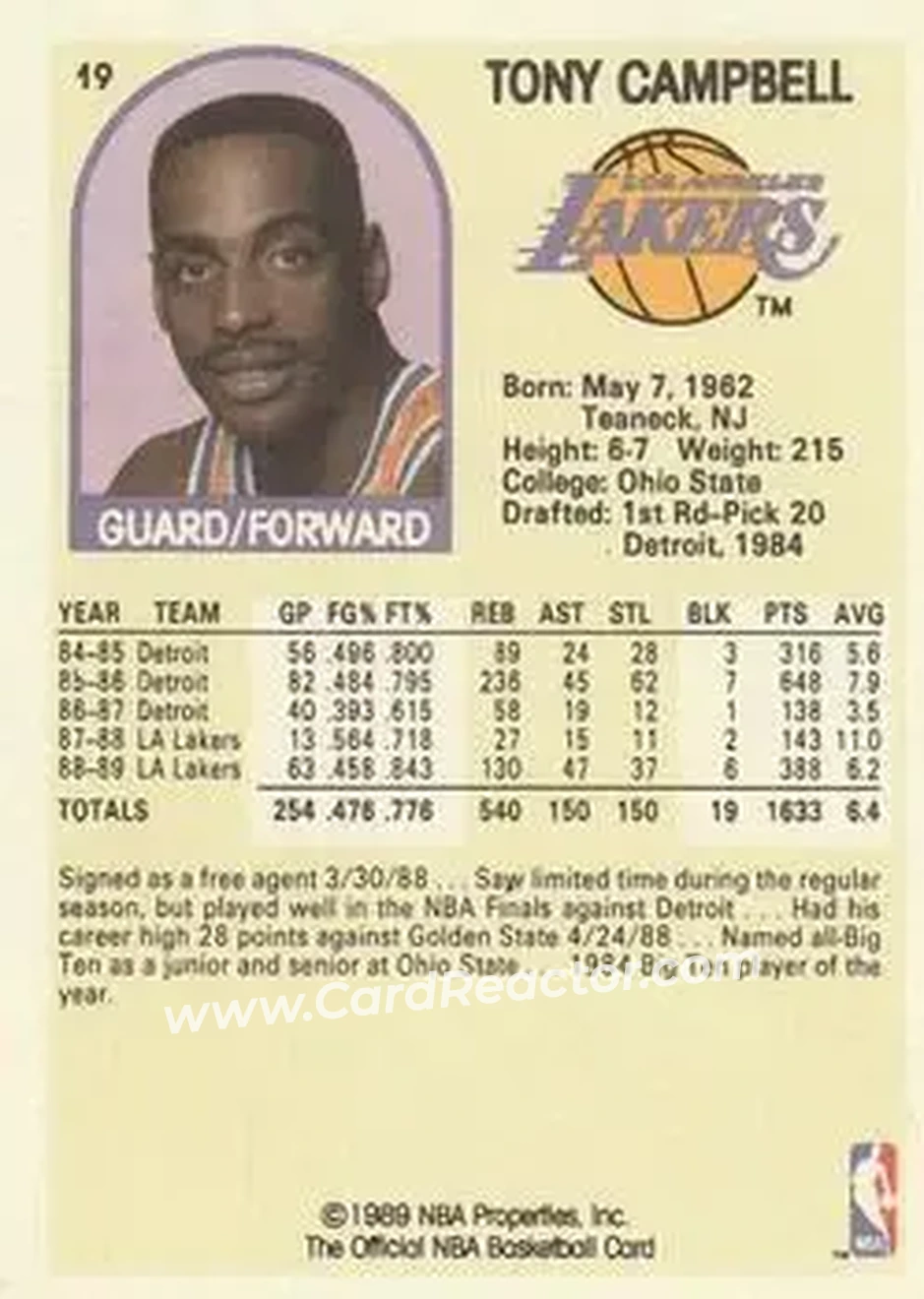 1989-90 Hoops #19 - Tony Campbell - Los Angeles Lakers - Back