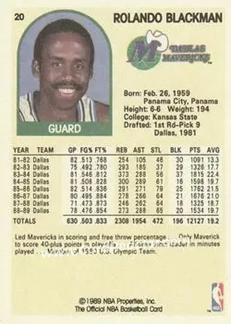 1989-90 Hoops #20 - Rolando Blackman - Dallas Mavericks - Back