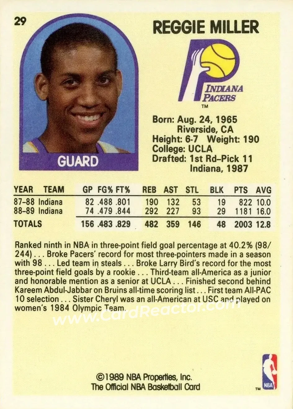 1989-90 Hoops #29 - Reggie Miller - Indiana Pacers - Back