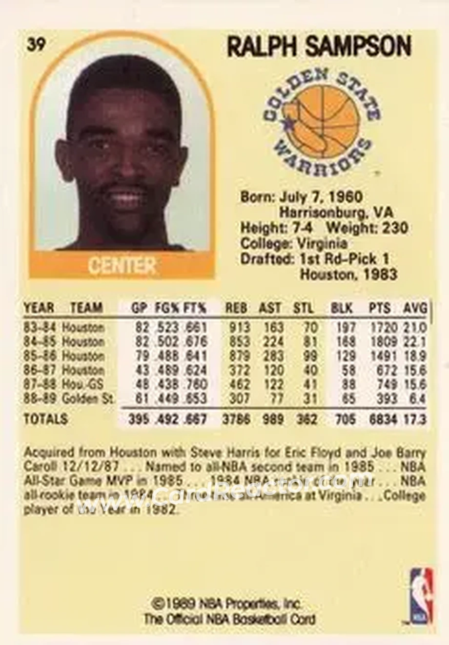 1989-90 Hoops #39 - Ralph Sampson - Golden State Warriors - Back