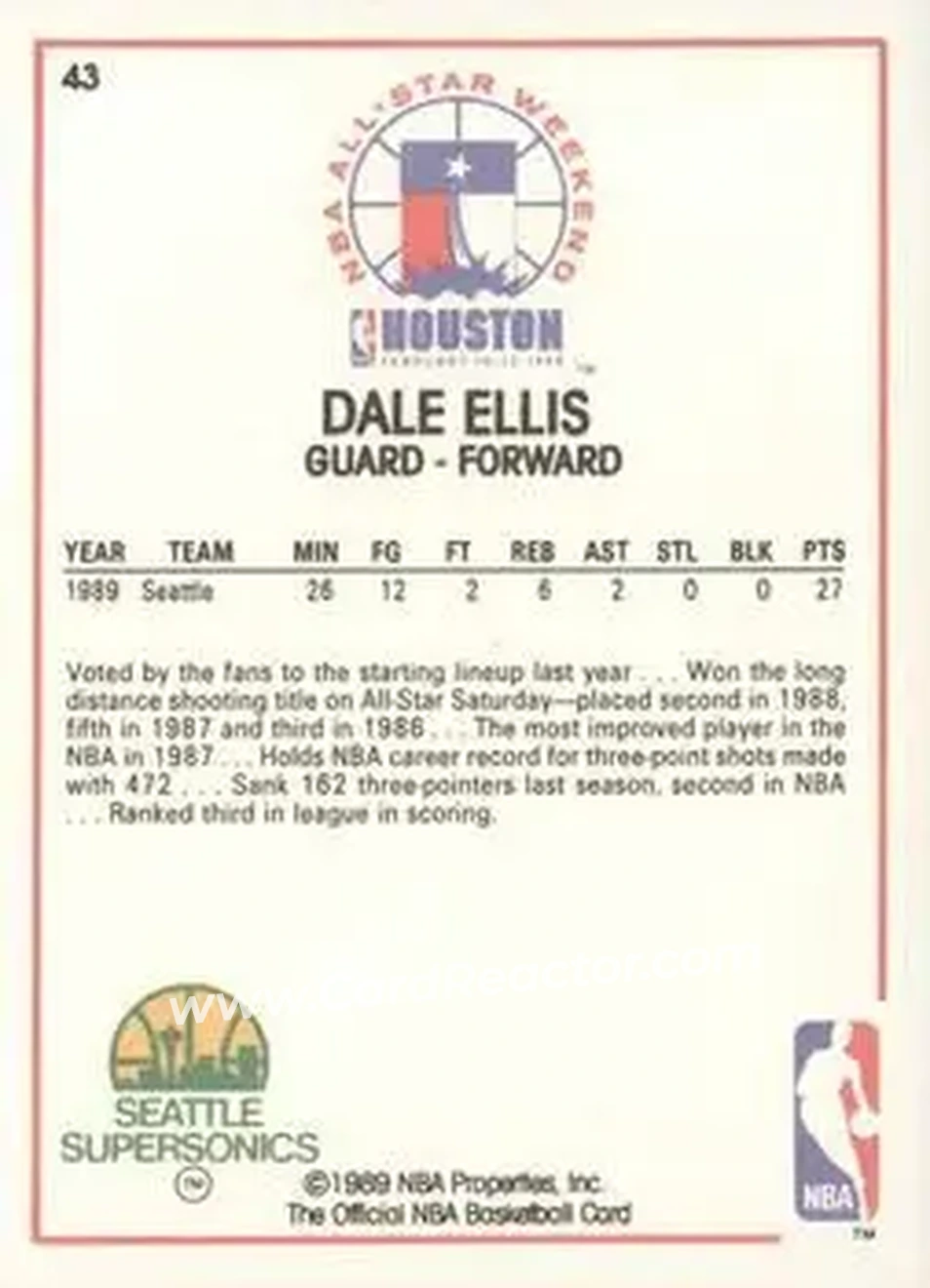 1989-90 Hoops #43 - Dale Ellis - Seattle SuperSonics - Back