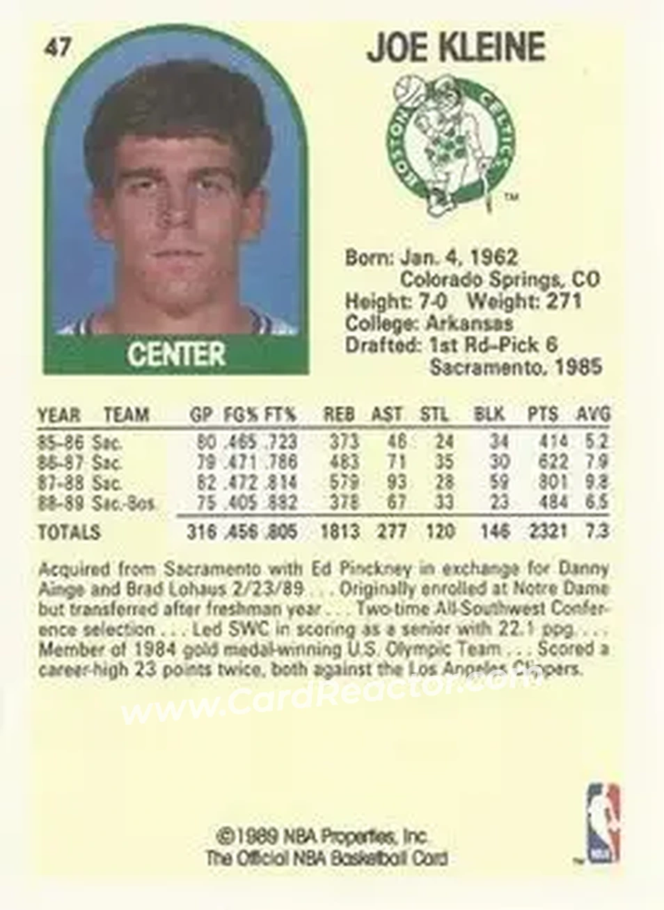 1989-90 Hoops #47 - Joe Kleine - Boston Celtics - Back