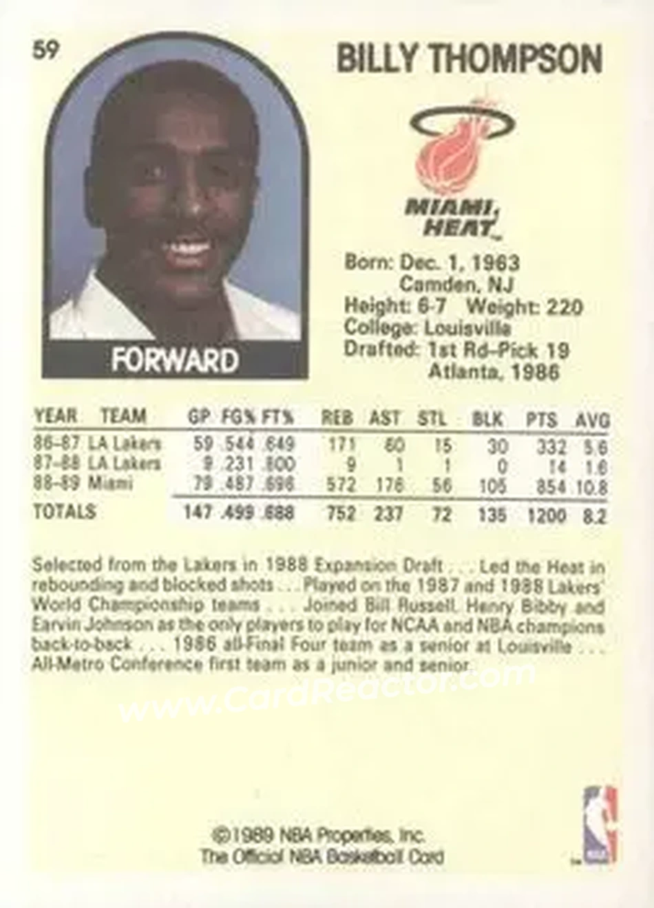 1989-90 Hoops #59 - Billy Thompson - Miami Heat - Back