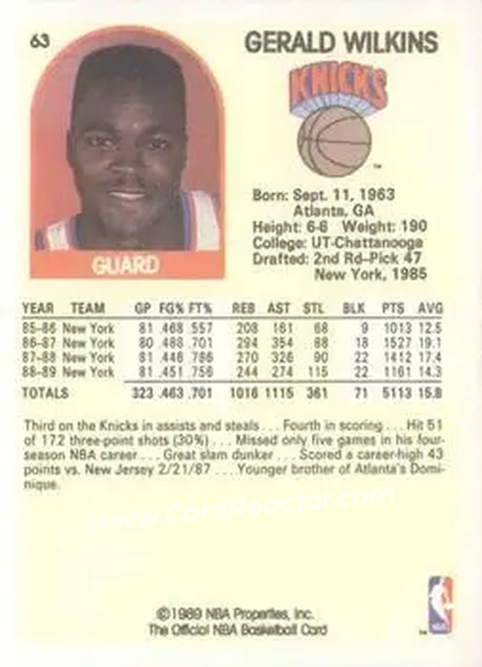 1989-90 Hoops #63 - Gerald Wilkins - New York Knicks - Back