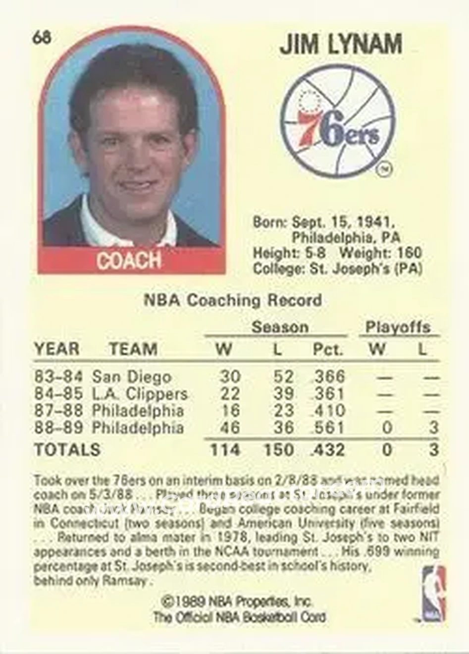 1989-90 Hoops #68 - Jim Lynam - Philadelphia 76ers - Back