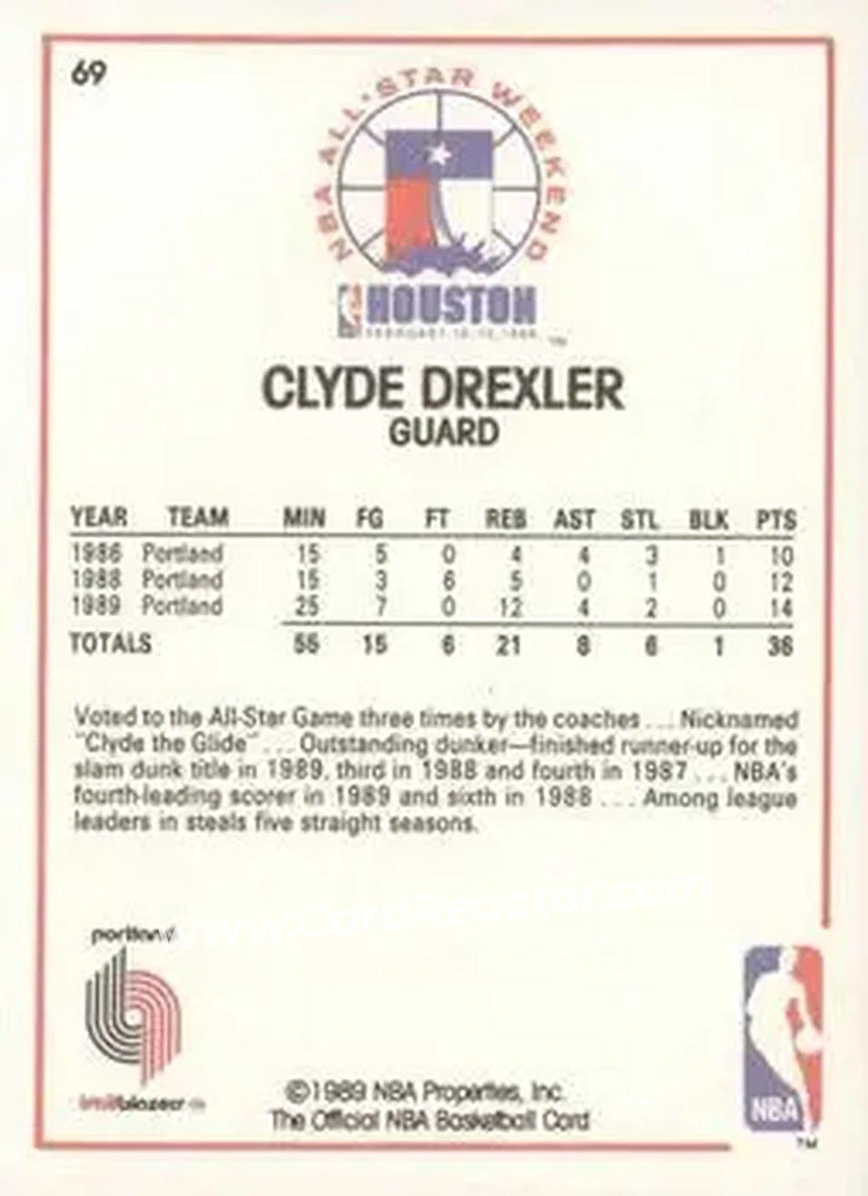 1989-90 Hoops #69 - Clyde Drexler - Portland Trail Blazers - Back