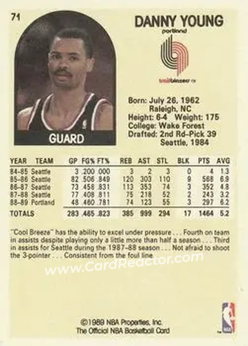 1989-90 Hoops #71 - Danny Young - Portland Trail Blazers - Back
