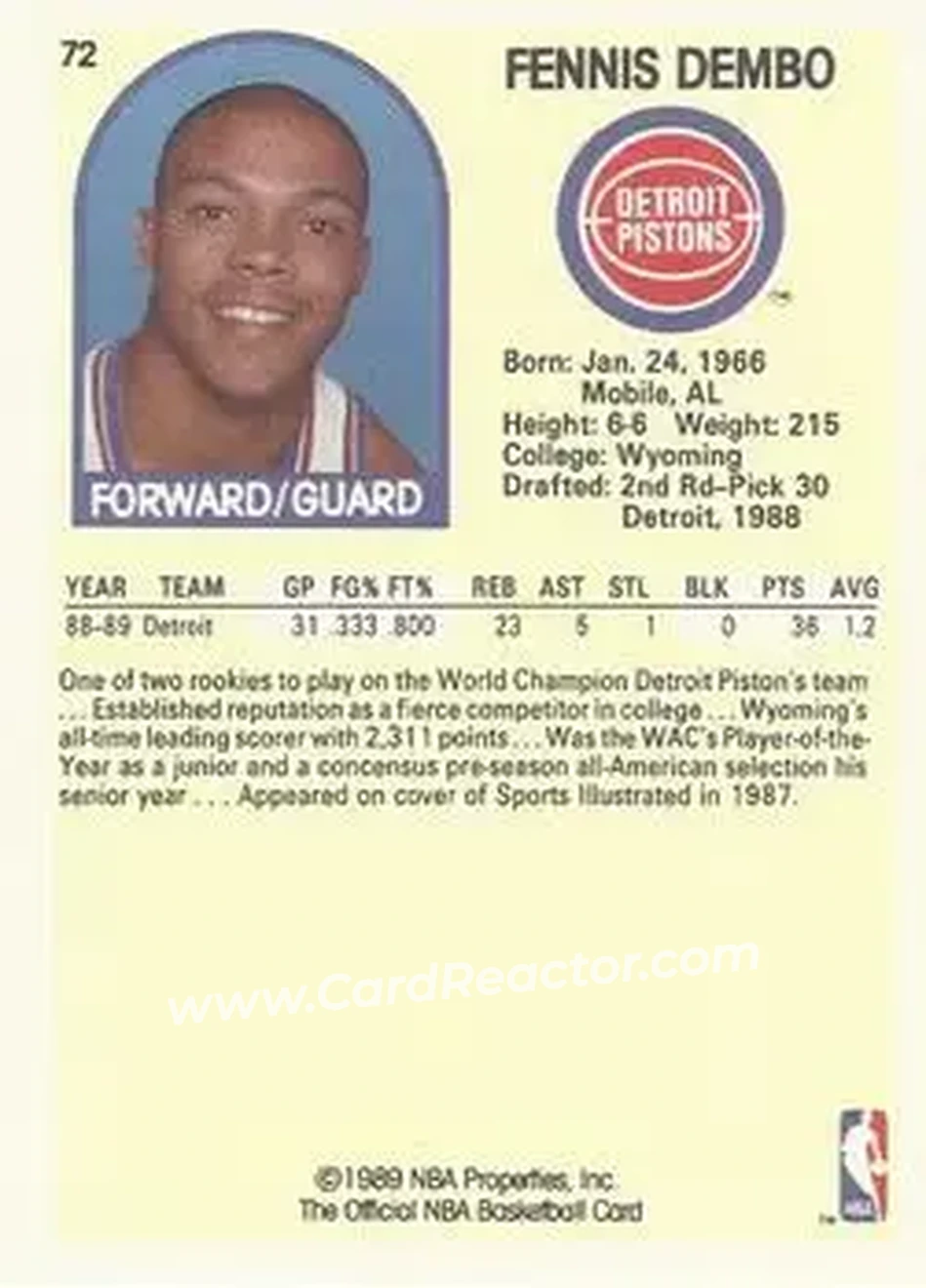 1989-90 Hoops #72 - Fennis Dembo - Detroit Pistons - Back