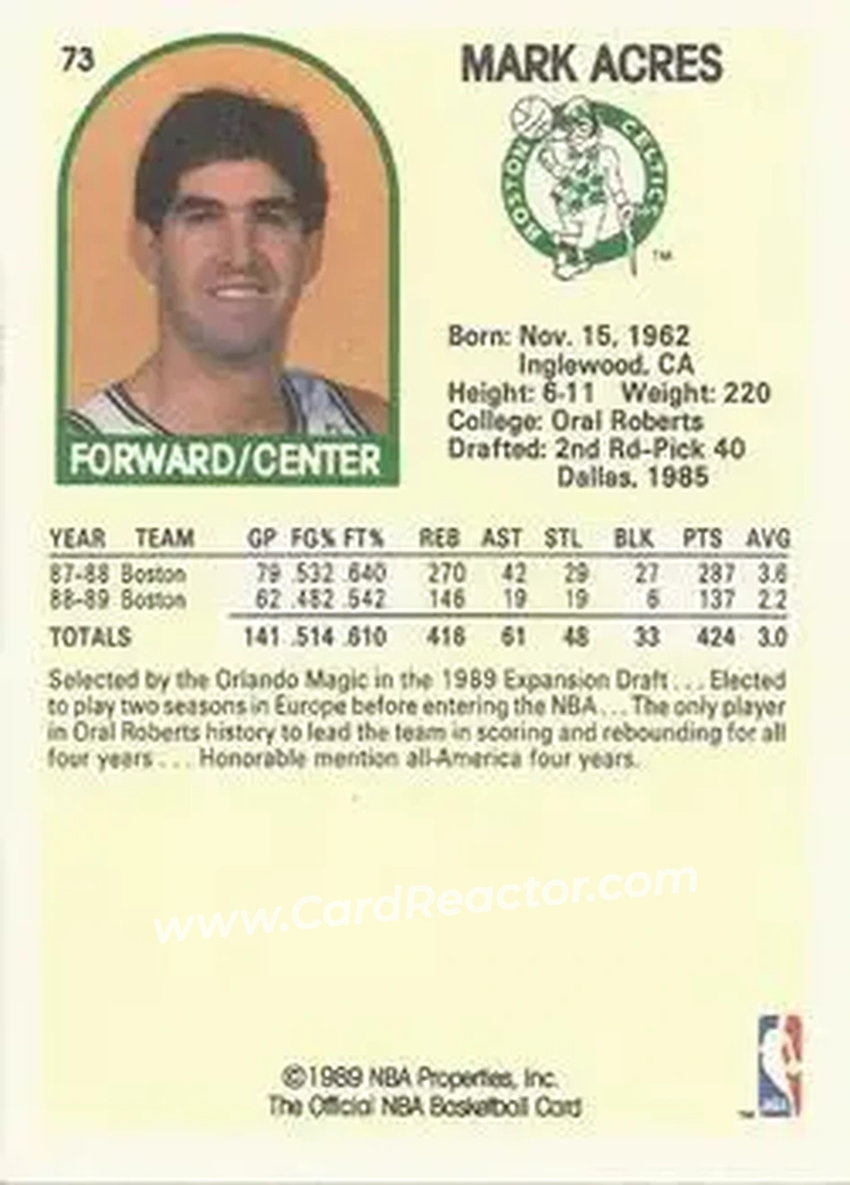 1989-90 Hoops #73 - Mark Acres - Boston Celtics - Back