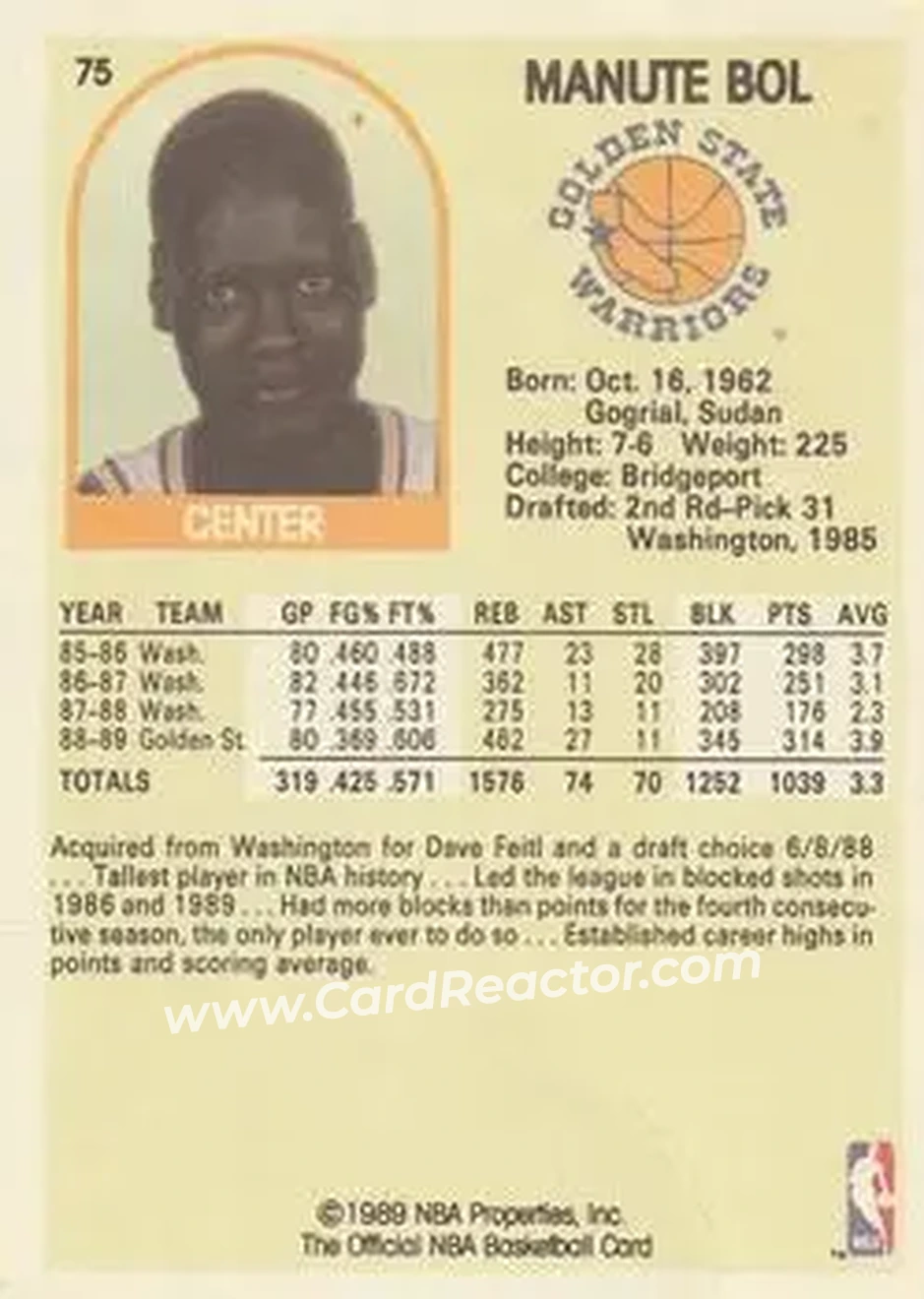 1989-90 Hoops #75 - Manute Bol - Golden State Warriors - Back