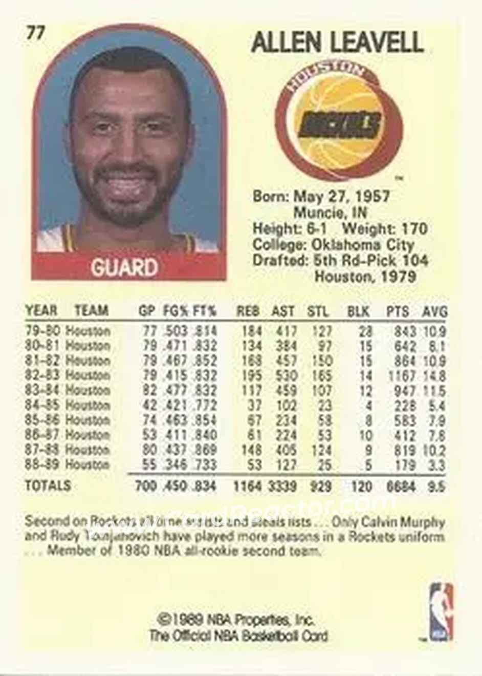 1989-90 Hoops #77 - Allen Leavell - Houston Rockets - Back