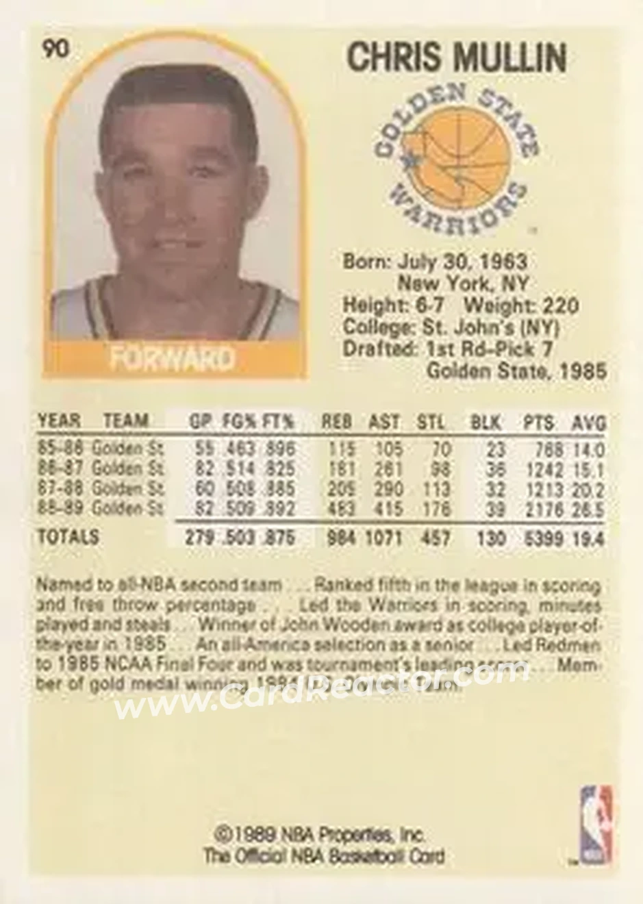1989-90 Hoops #90 - Chris Mullin - Golden State Warriors - Back