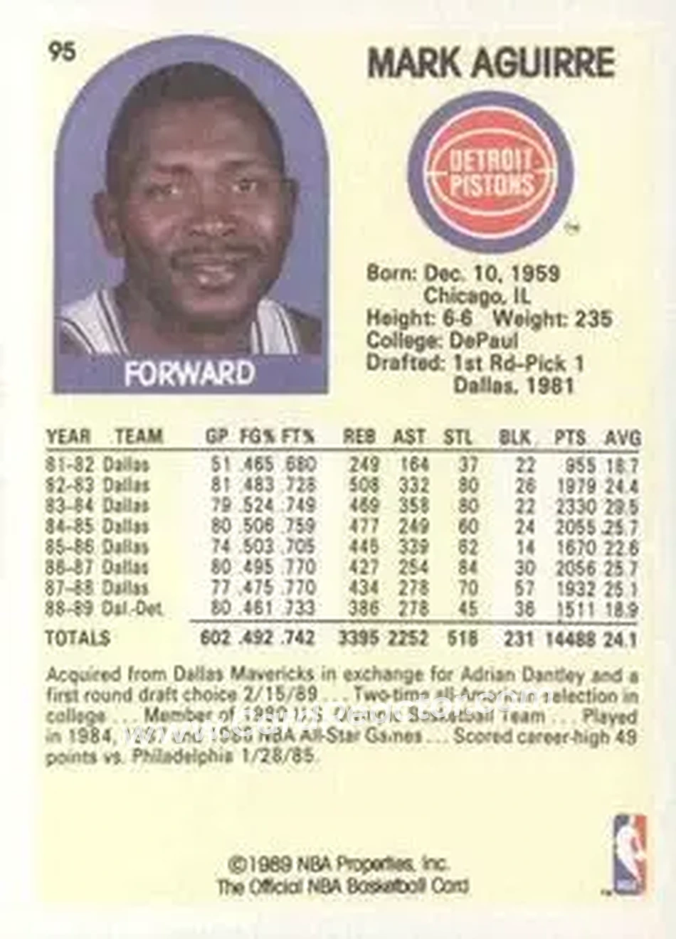 1989-90 Hoops #95 - Mark Aguirre - Detroit Pistons - Back 1989-90 Hoops #95 - Mark Aguirre - Detroit Pistons - Back