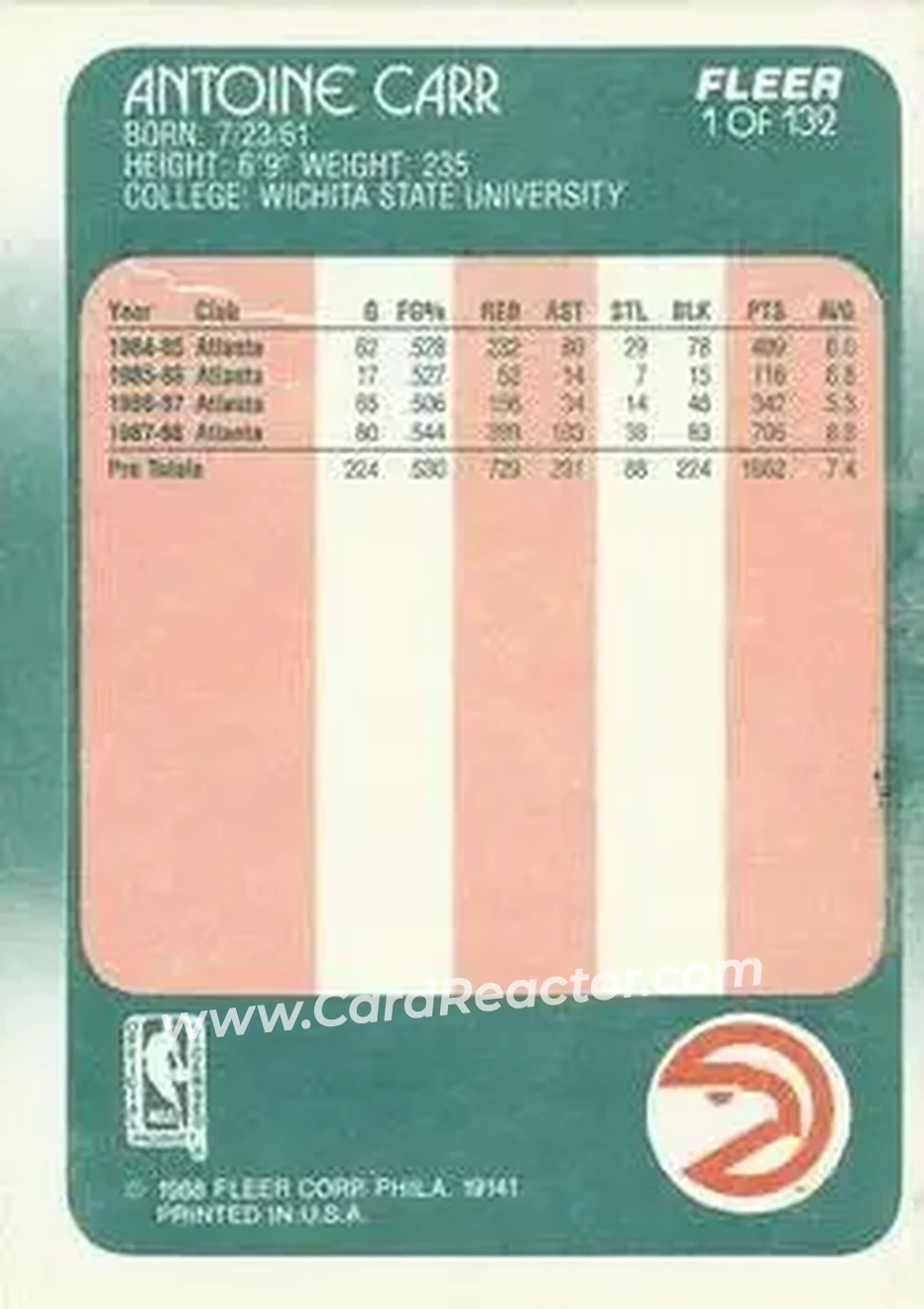 1988-89 Fleer #1 - Antoine Carr - Atlanta Hawks - Back