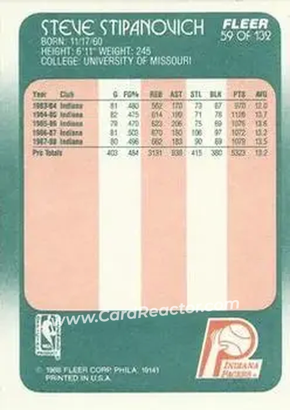1988-89 Fleer #59 - Steve Stipanovich - Indiana Pacers - Back