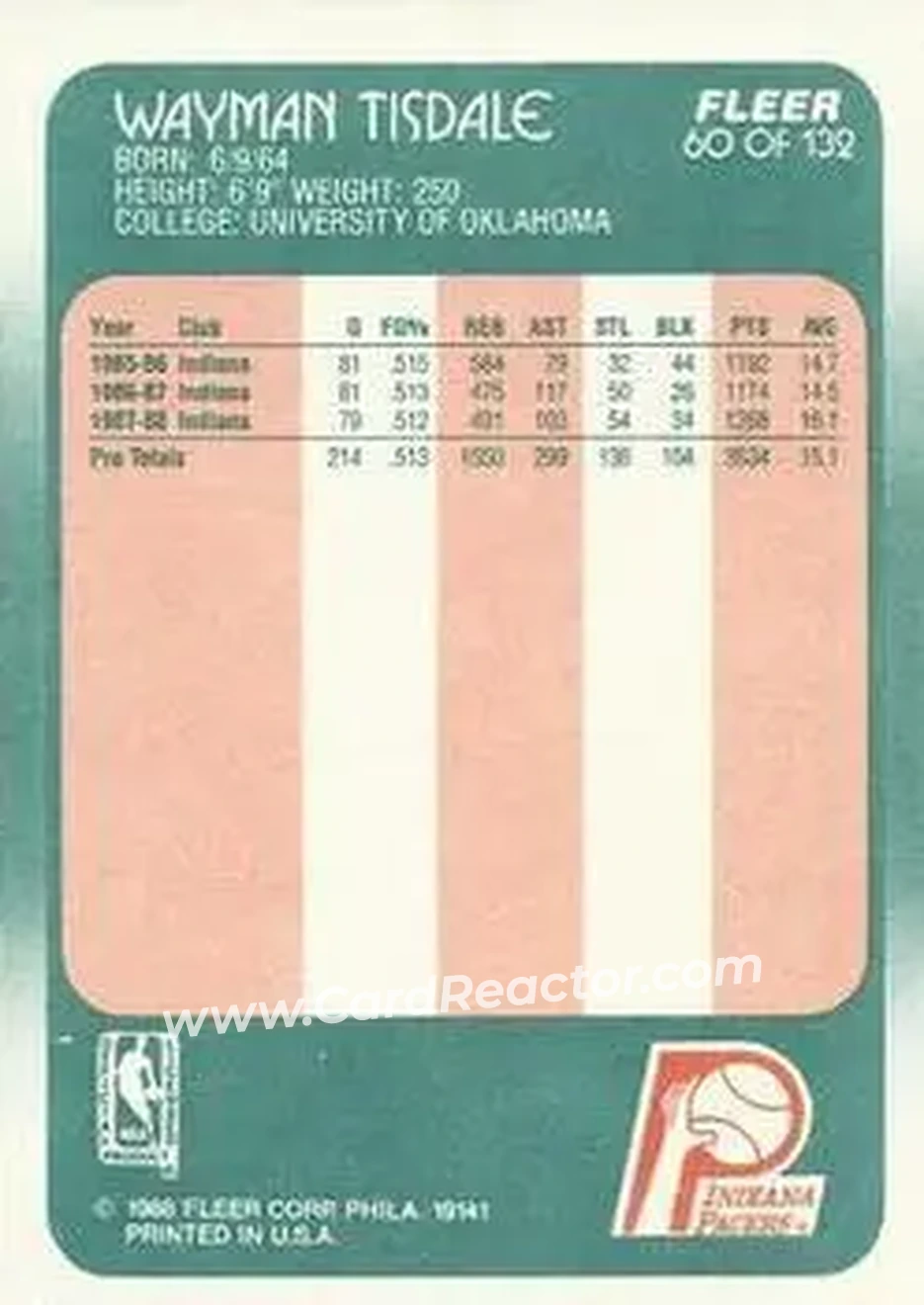 1988-89 Fleer #60 - Wayman Tisdale - Indiana Pacers - Back 1988-89 Fleer #60 - Wayman Tisdale - Indiana Pacers - Back